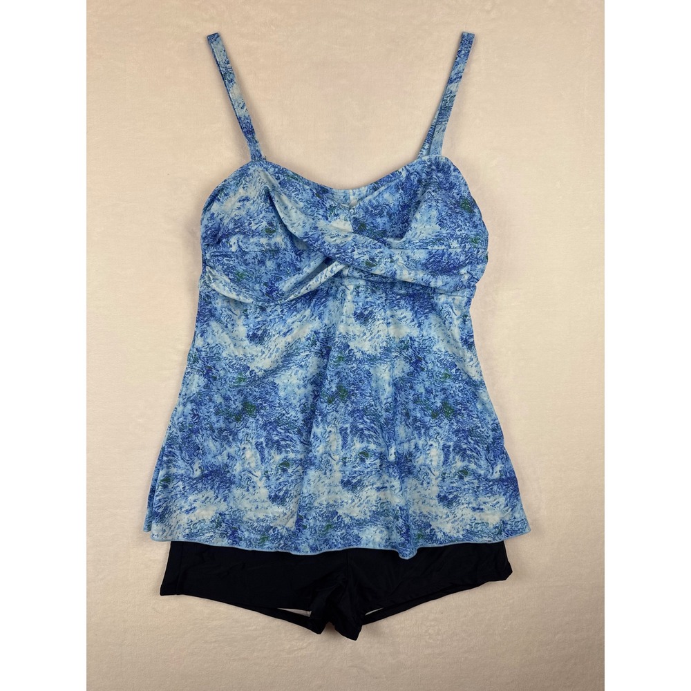 Blue Floral Tankini Swimsuit Set Twist Front Flowy Top Boyshorts Size 3XL